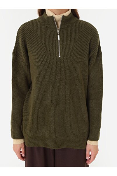 Benin Fermuar Detaylı Triko Kazak - Haki -