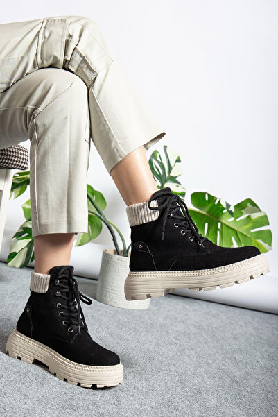 Dark Heel Kadın Siyah Süet Günlük Bağcıklı Kışlık Bot Kaymaz Taban Rahat Şık Suya Dayanıklı Bootie Çizme