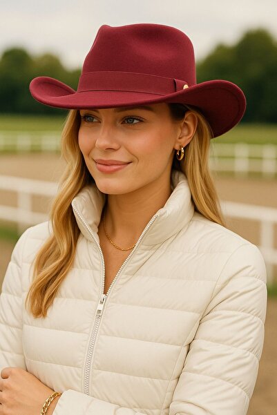 FELLMENS قبعة كاوبوي نسائية مع تفاصيل إكسسوارات باللون العنابي