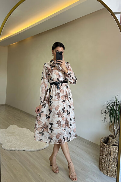 Neşeli Butik Women's Patterned Shirt Collar Midi Dress Nm011