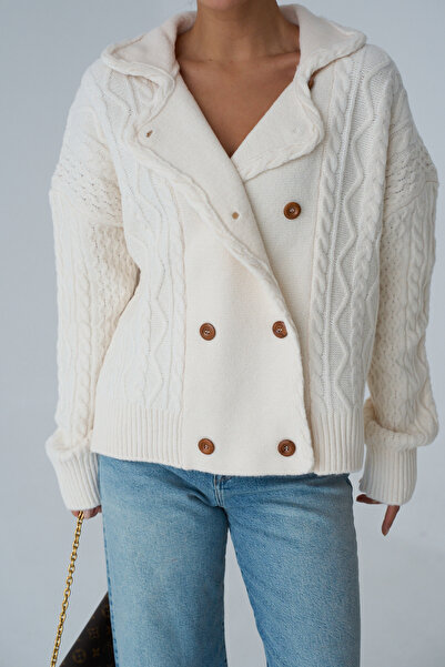 Lupies Women's Cream Double Breasted Knitted Pattern Buttoned Knitwear Cardigan