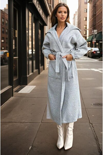 Pasaklı Giyim Women's Balloon Sleeve Long Shawl Collar Pocketed Thick Knitwear Loose Coat 3661726