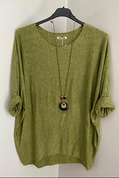 AYASOFYA OTANTIK Kadın Italyan Yağ Yeşili Renk Kolye Aksesuarlı Salaş Triko Bluz