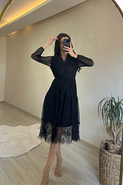 Neşeli Butik γυναικείο φόρεμα από τούλι με δαντέλα με διπλό γιακά NM010