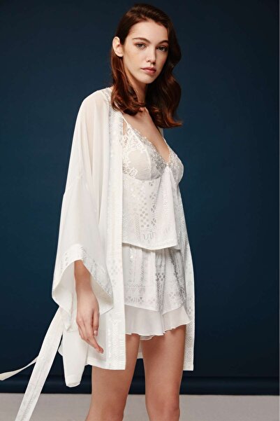 Bonnie Clyde Bonnie&Clyde-Kadın Ekru Gecelikli Sabahlık Kutulu Çeyizlik 3'Lü - Ekru - NRHYT30V01V5V