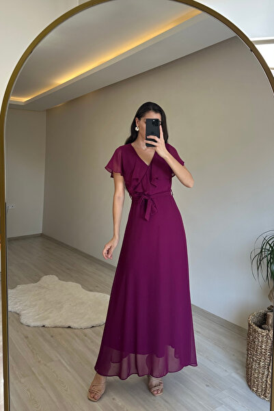 Neşeli Butik فستان نسائي طويل من الشيفون بياقة على شكل حرف V وحزام NM008