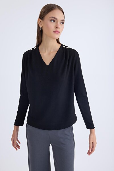 Vitrin V Yaka Omuzu Düğmeli Uzun Kol Bluz