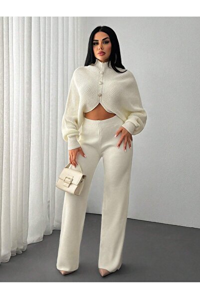 MARLİNG Set de tricotaje pentru femei, pantaloni crop albi, sus și jos