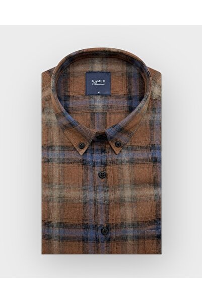 KAMER Men's Regular Fit Winter Long Sleeve Button-Up Collar Single Pocket Plaid Tile Shirt 3848Ki̇