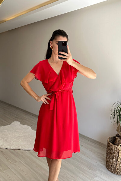 Neşeli Butik Women V-Neck Belted Mini Chiffon Dress Nm007