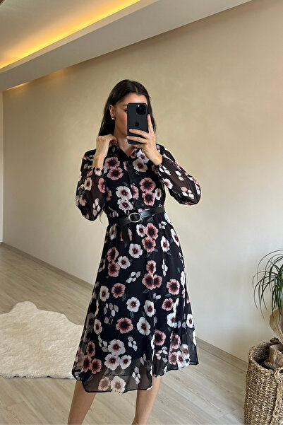 Neşeli Butik γυναικείο φόρεμα με στάμπα με γιακά πουκάμισο midi NM011