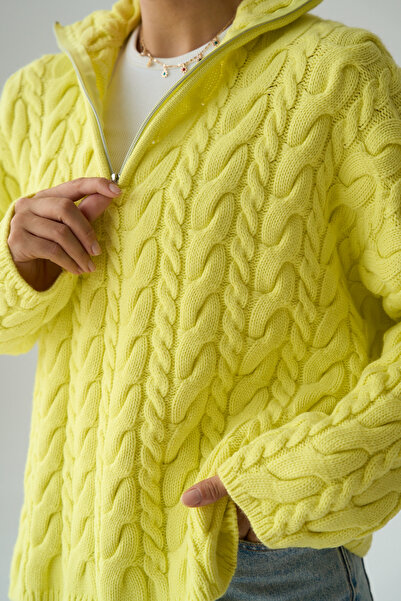 Lupies Women's Yellow Turtleneck Zippered Knitted Oversize Sweater