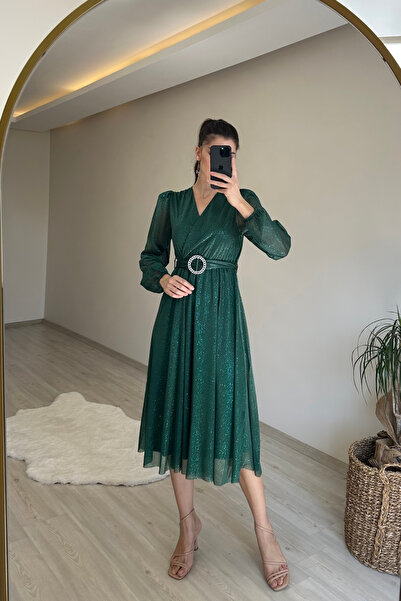 Neşeli Butik γυναικείο φόρεμα με διπλό γιακά με αγκράφα με μήκος μίντι με λάμψη NM009