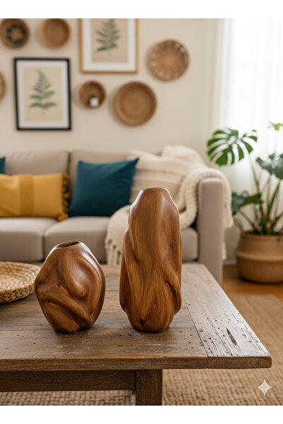madam concept Bohem 2’li Dalga Vazo – El Yapımı Seramik Dekor, Ahşap & Bej Renk, Büyük 28 cm Küçük 18 cm