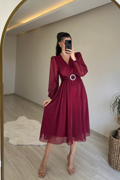 Neşeli Butik rochie strălucitoare pentru femei, cu decolteu dublu, cu cataramă, lungime midi, NM009