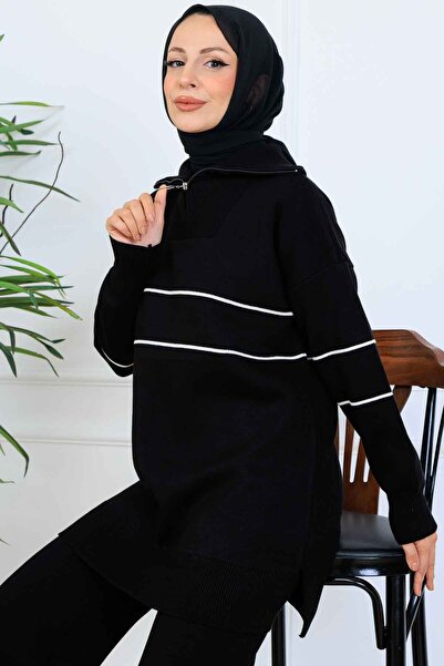 benguen Σετ πλεκτό με ρίγες με φερμουάρ στο λαιμό S1050 Μαύρο