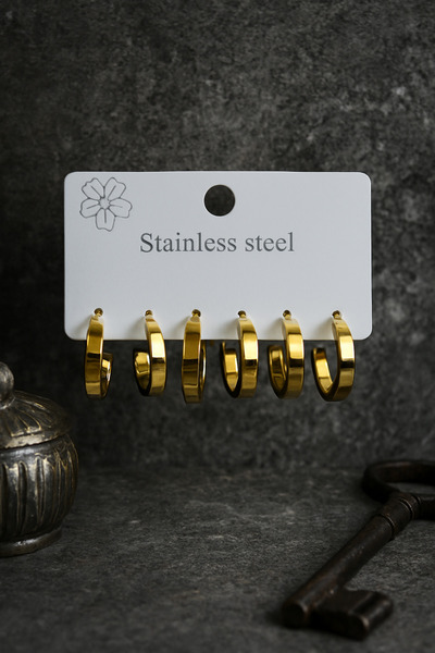 ŞEHRAZAT HANDMADE TASARIM 6 Lı Çelik Minimalist Halka Küpe Seti