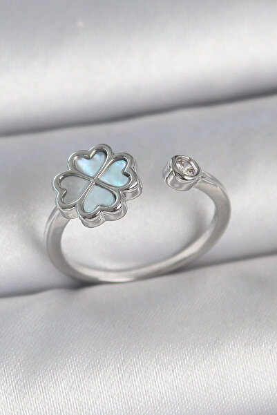 Mustran Brass Silver Color Blue Enamel Clover Model Zircon Stone Detail Adjustable Women's Ring