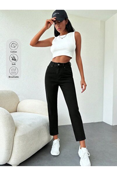 BLUE MARLIN PANTALONI NEGRI Y talie înaltă MOM JEANS PENTRU FEMEI