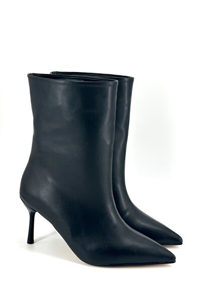 Shoebutik Lana Siyah Deri Bol Kesim KadınTopuklu Boti