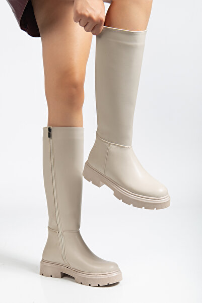 motto store Women's Beige Below-The-Knee Zippered Comfortable Boots