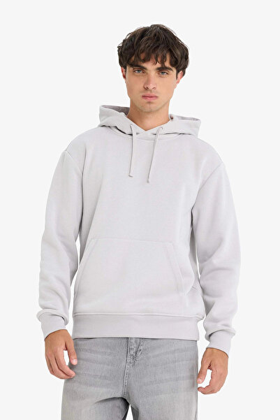 DeFacto X8283 Gray Regular Fit Hooded Basic Plain Sweatshirt with Kangaroo Pocket and Soft Fleece Inside