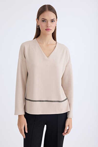 Vitrin V Yaka Şerit Detaylı Uzun Kol Bluz