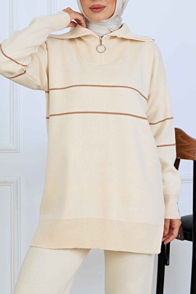 benguen Striped Knitwear Set with Zipper Collar S1050 Stone Color