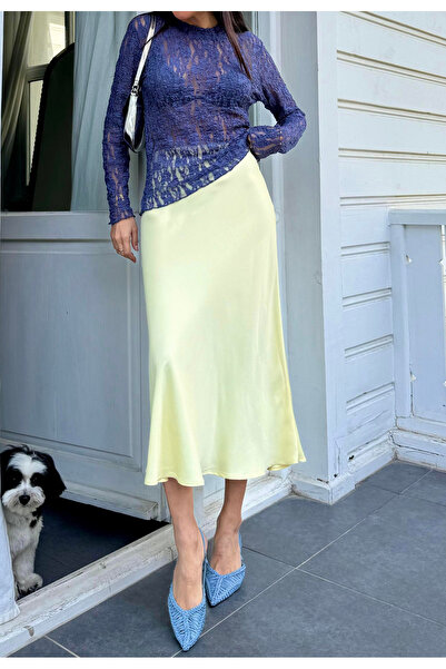 studio fashion 1988 Women's Yellow Silk Satin 100% Viscose Midi Skirt