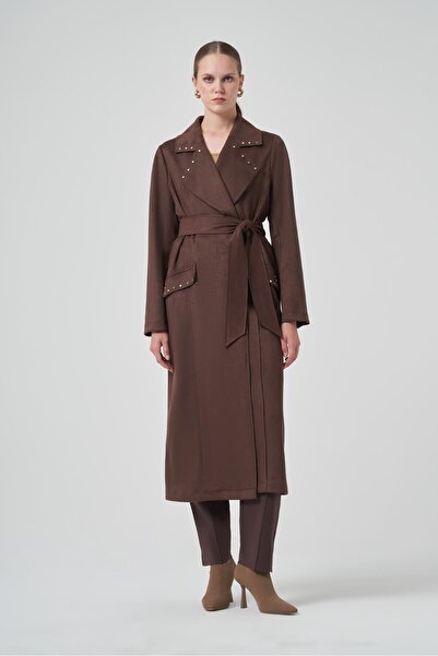 Nuss 6029 Zımba Detaylı Geniş Yaka Önü Açık Kuşaklı Nubuk Kap