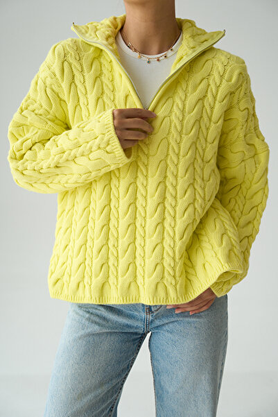 Lupies Women's Yellow Turtleneck Zippered Knitted Oversize Sweater