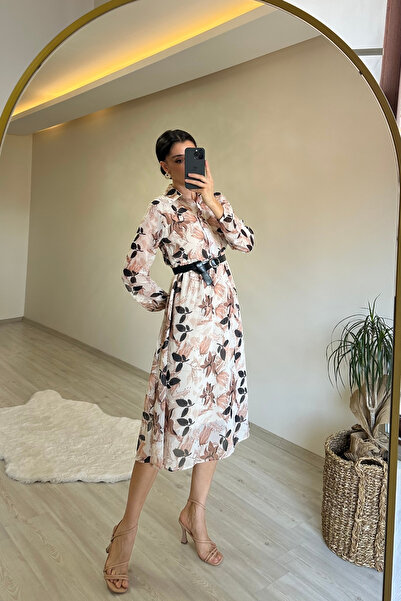 Neşeli Butik Women's Patterned Shirt Collar Midi Dress Nm011