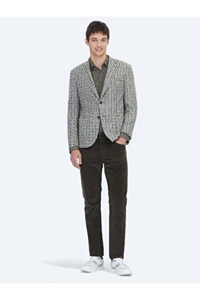 Kip Khaki Patterned Modern Fit Wool Blend Knitted Jacket