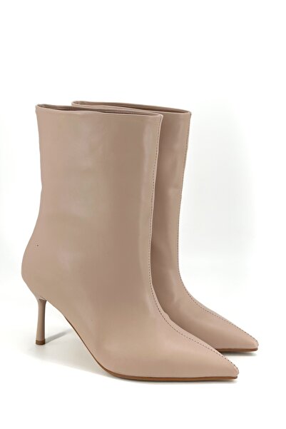 Shoebutik Lana Bej Deri Bol Kesim KadınTopuklu Boti