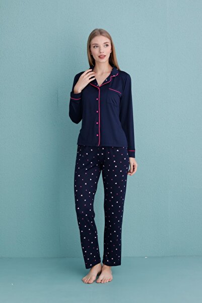 Kompedan Kadın Milan Genç Önden Düğmeli Pijama Takımı | Lacivert 50904-372