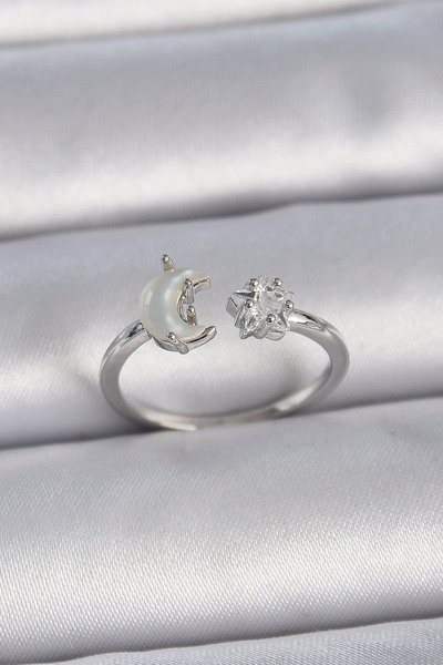 Mustran النحاس الفضة اللون لؤلؤة الهلال الزركون حجر نجمة خاتم المرأة قابل للت...