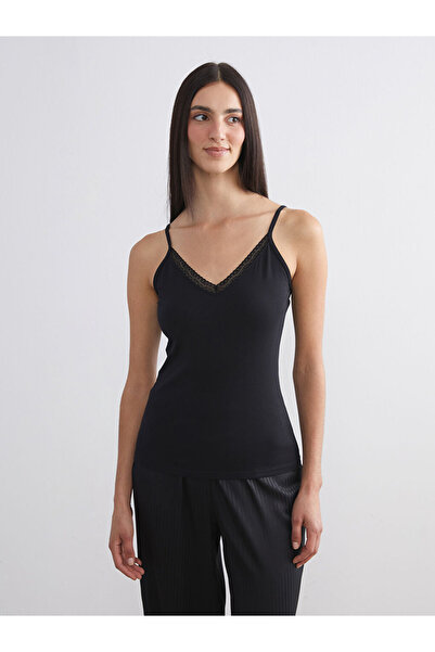 LC Waikiki Black V-Neck Lace Detailed Women's Undershirt