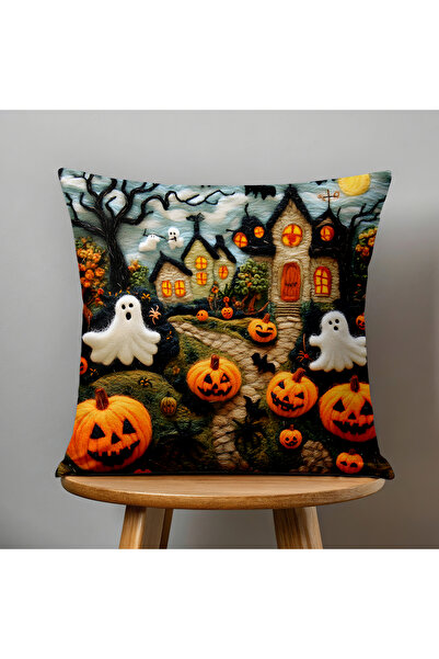 Filamente Double-Sided Digital Print Throw Pillow Cover with Felt Craft Look - Halloween Patterned