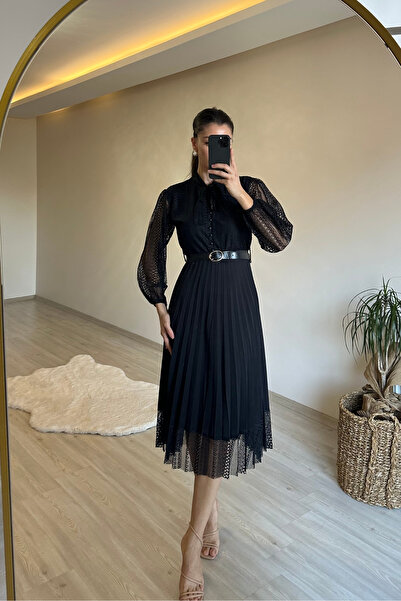 Neşeli Butik Kadın dantelli piliseli yaka bağlamalı midi elbise NM012