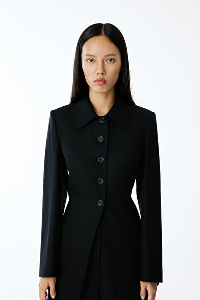 rue Wool Textured Black Long Coat