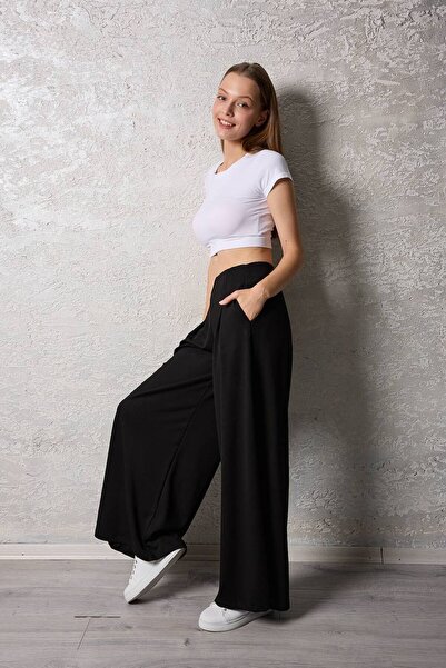 Maison La Femme Kadın Pileli Gizli Cepli Palazzo Pantolon Siyah