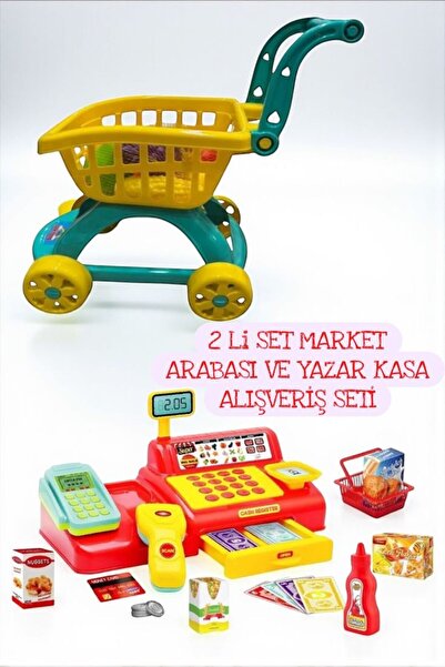 BYCEGU 2 Lİ SET MARKET ARABSI MEYVESI VE YAZAR KASA ALIŞVERİŞ SETİ