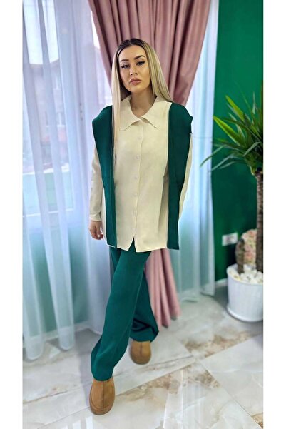 Intisimo Set tricotaje damă, două piese, mâneci, verde/alb