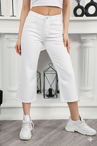 By Caspita Fashion Women's High Waist White Short Leg Tassel Jeans