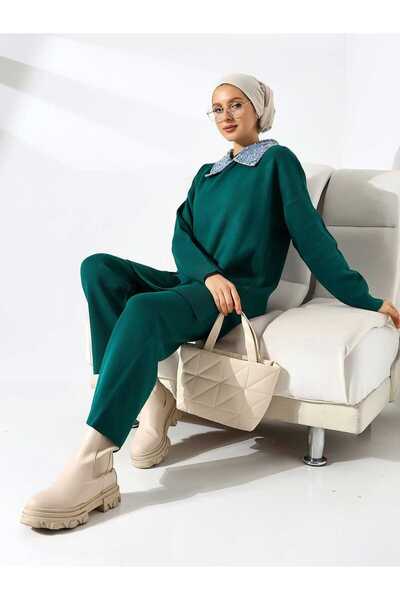 Intisimo Set tricotaje damă, două piese, mărime mare, guler cu perle, verde/d...