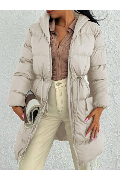 Ceylen Detaliu cu șireturi în talie cu glugă Palton gonflabil