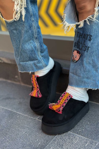 Shoebutik Coin Black Ethnic Tape Detail Plush Women's Slippers