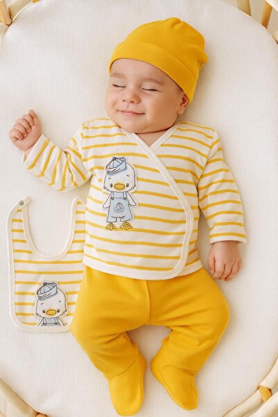 BYS BABY FASHION Sevimli Ördek Nakışlı Çizgili Yenidoğan Bebek 5 Parça Hastane Çıkışı Zıbın Seti Kutulu