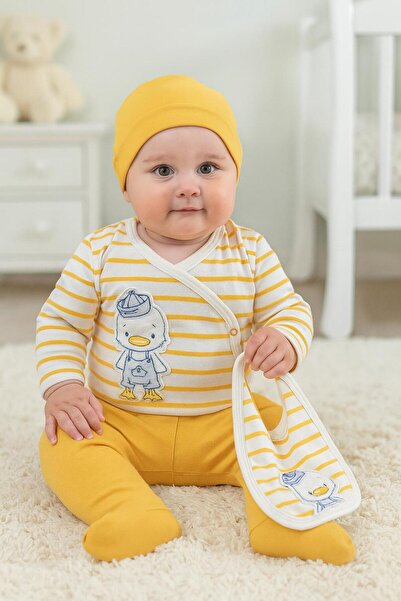 BYS BABY FASHION Sevimli Ördek Nakışlı Çizgili Yenidoğan Bebek 5 Parça Hastane Çıkışı Zıbın Seti Kutulu