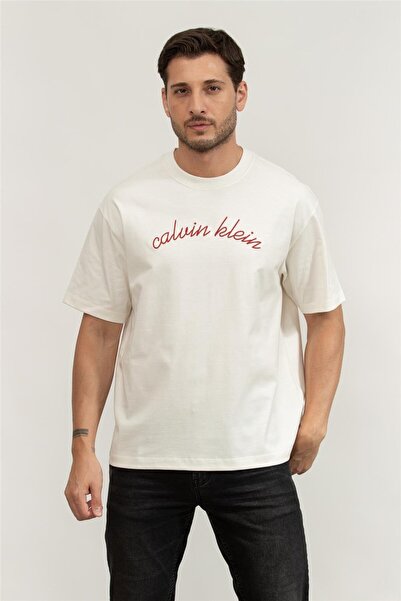 Calvin Klein Men's Brand Logo Organic Cotton Casual Cream T-Shirt Lv04Rc225G Yas